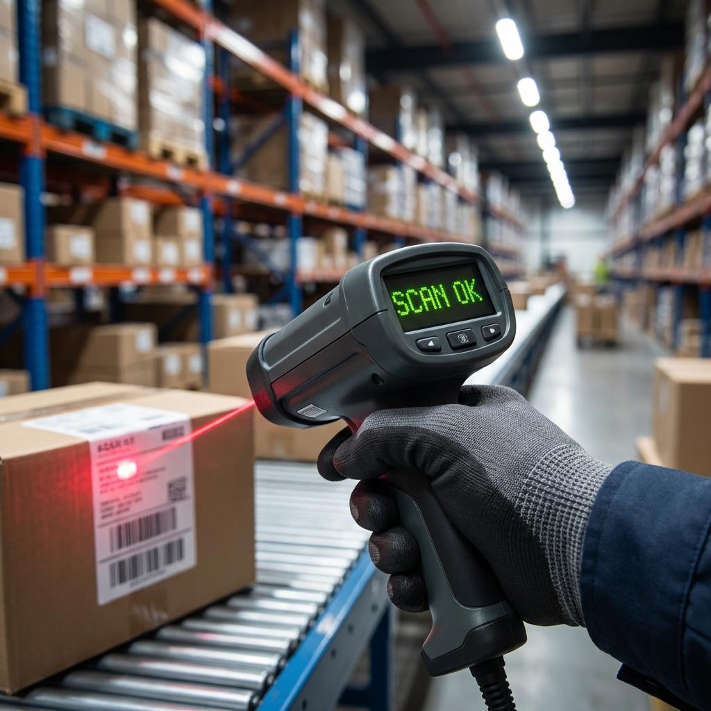 POV: Barcode-Scanner in Logistik-Halle