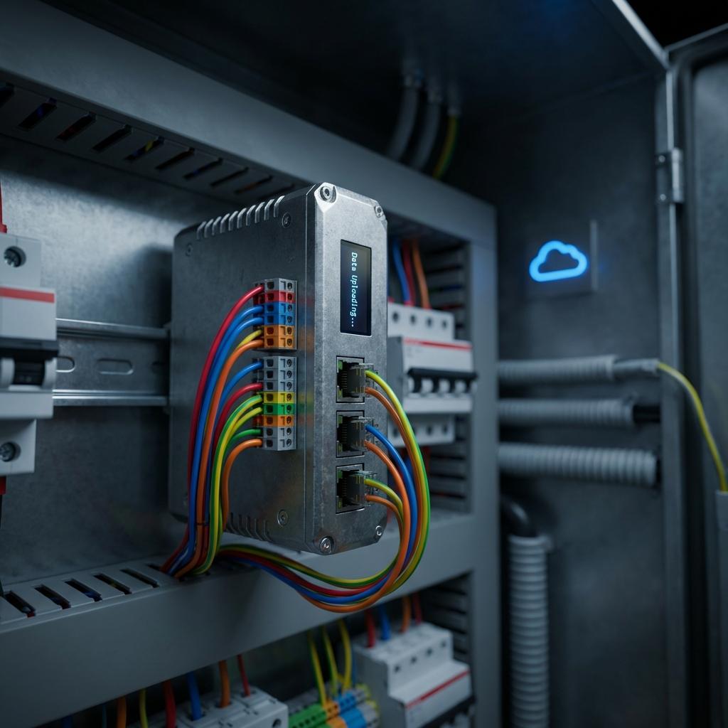 Edge Gateway Gerät im Schaltschrank mit bunten Kabeln